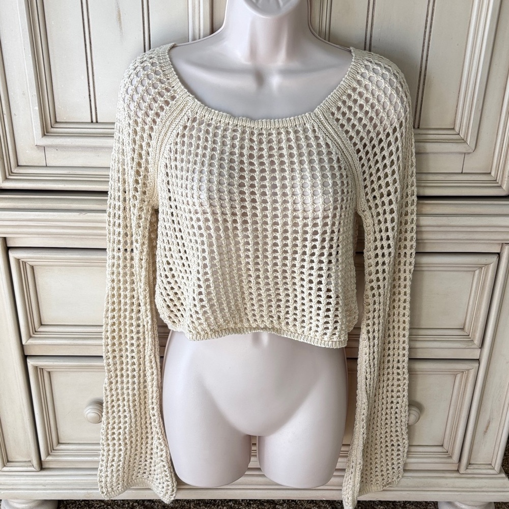 Urban Outfitters Cream Knit Long Sleeve Scoop Neck Cropped Women's Sweater Sz XL